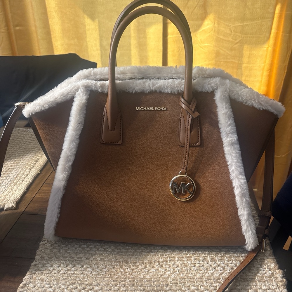 Michael Kors Tan Satchel With White Fur Trim